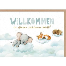 Produktbild des Artikels Schreibwaren Faltkarte "Willkommen in der Welt" - Wolken/Tiere